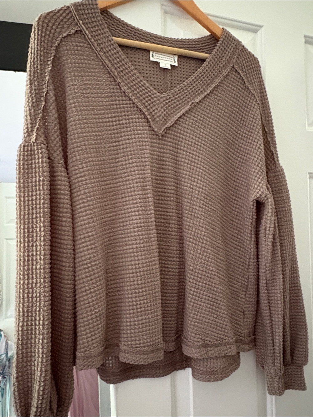 Waffle V-Neck Shirt  in Taupe - Lightweight Cozy Knit
